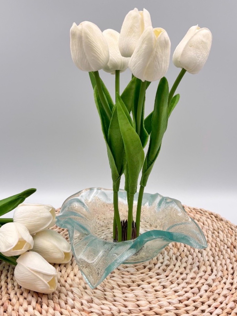 Vintage Ikebana Seafoam Glass Dish with Flower Frog